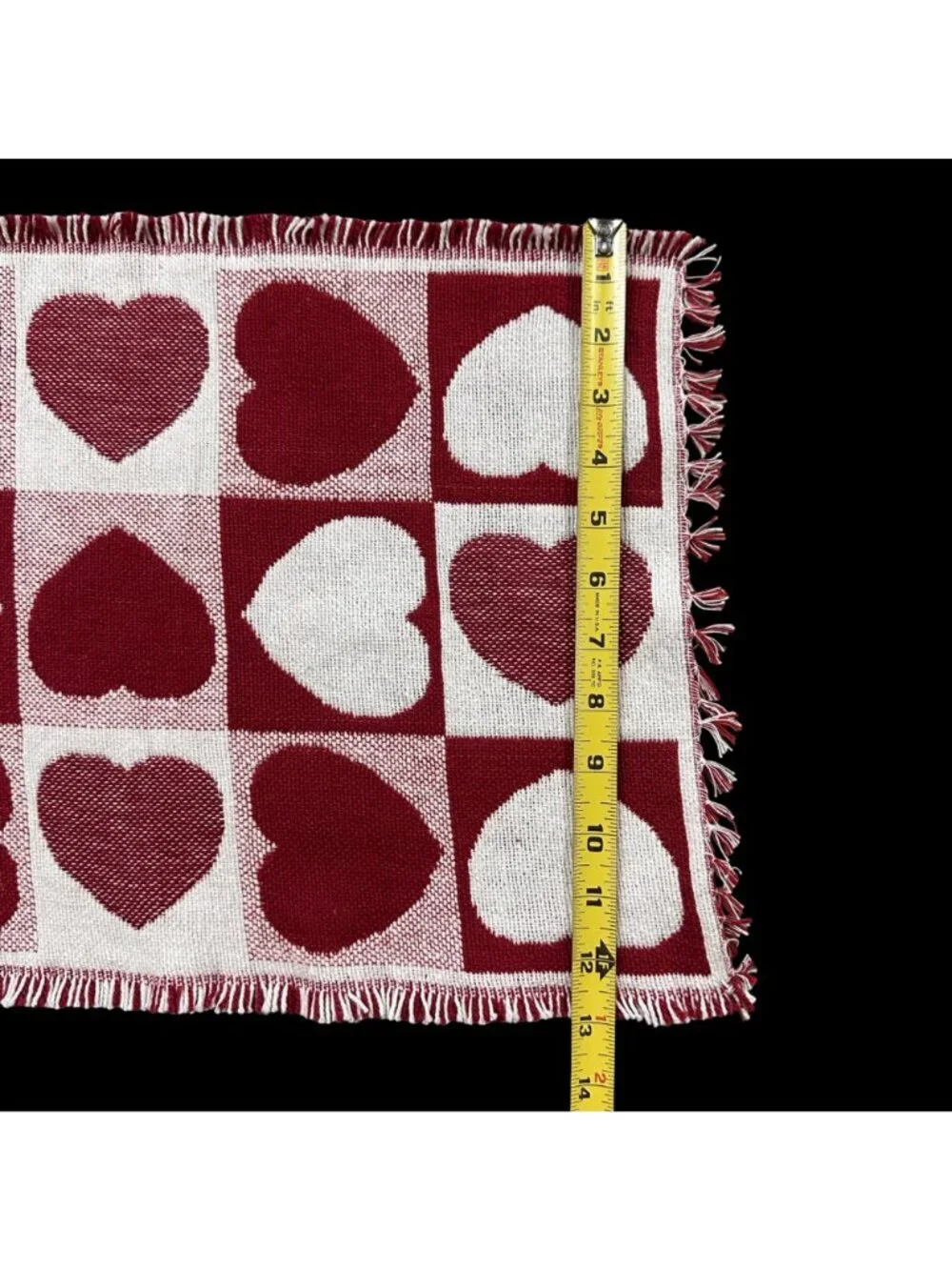 Vintage Red White Heart Woven Table Runner Tapestry Fringe Cottage Farmhouse